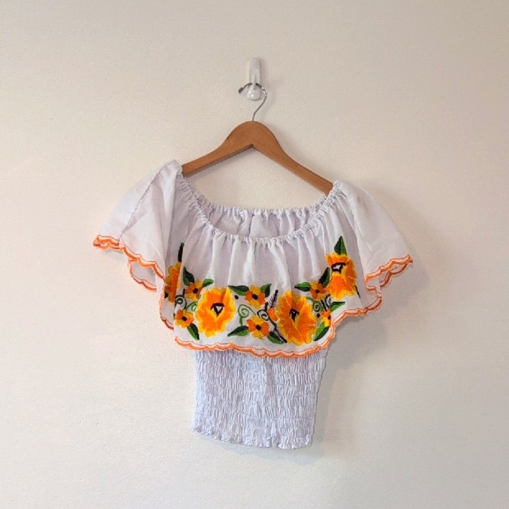White Off-Shoulder Cotton Stretch Top Traditiona Orange Floral Embroidery Sz S/M